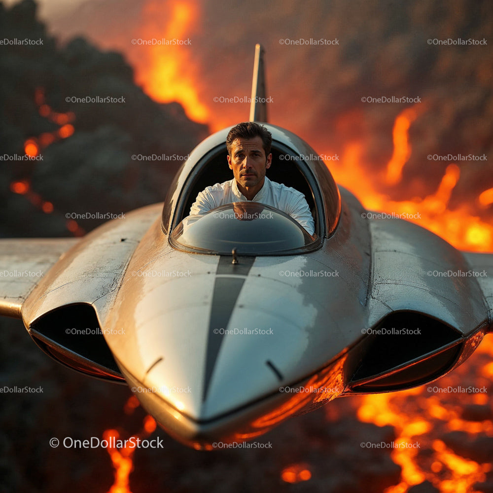 Pilot in Futuristic Jet Over Volcanic Landscape