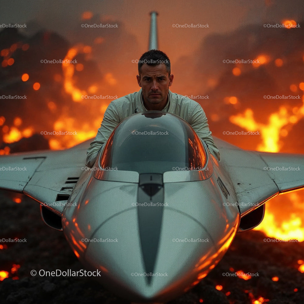 Intense Pilot in Fighter Jet Amidst Fiery Background