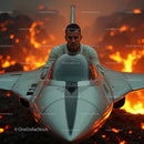 Intense Pilot in Fighter Jet Amidst Fiery Background