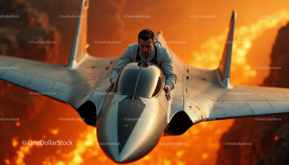 Pilot on a Fighter Jet Against Fiery Background