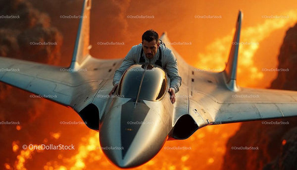 Pilot on a Fighter Jet Against Fiery Background