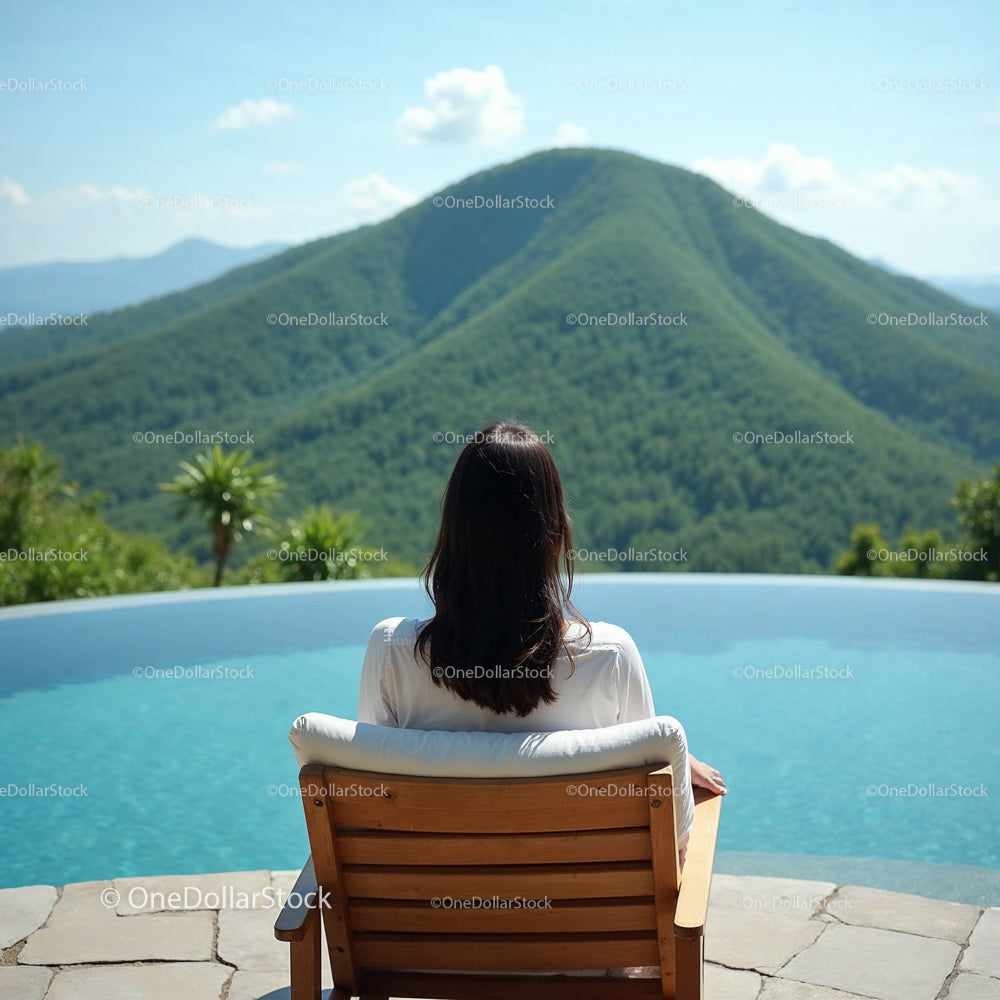 Relaxed Woman Enjoying Mountain View by Infinity Pool