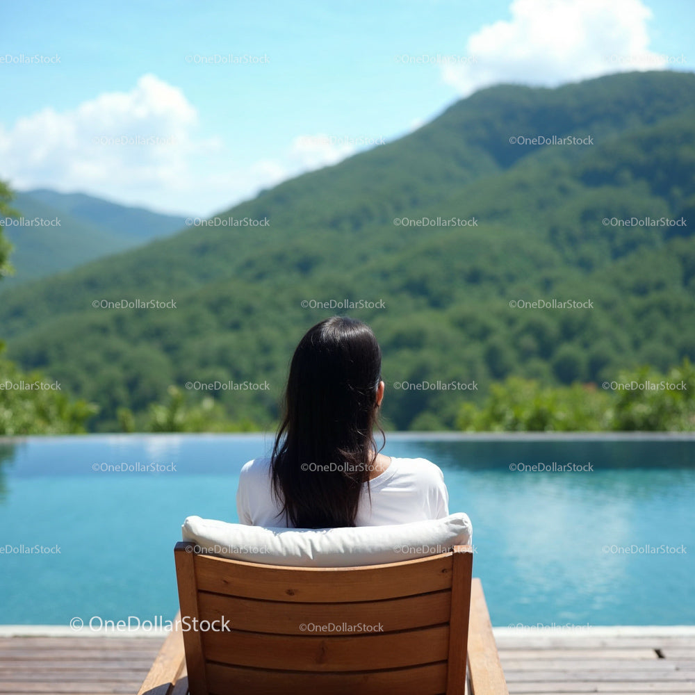 Woman Relaxing by Infinity Pool with Mountain View