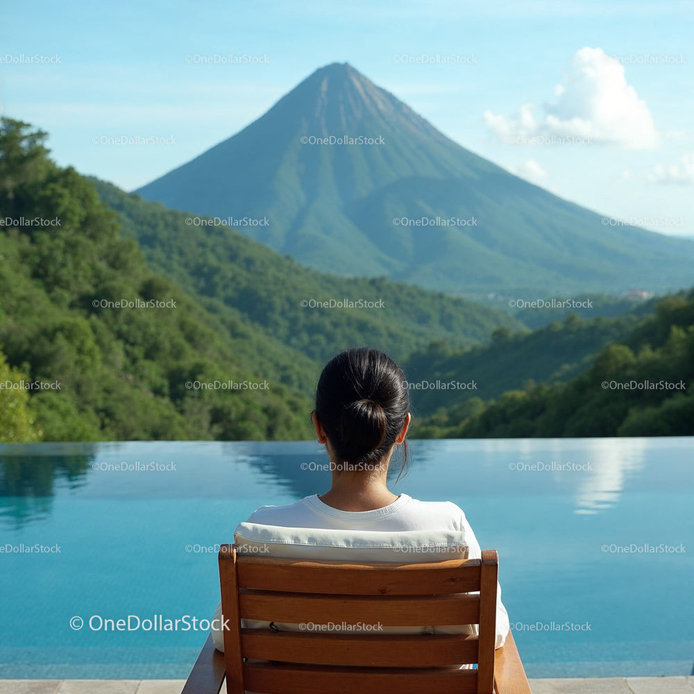 Woman Relaxing by Infinity Pool with Mountain View