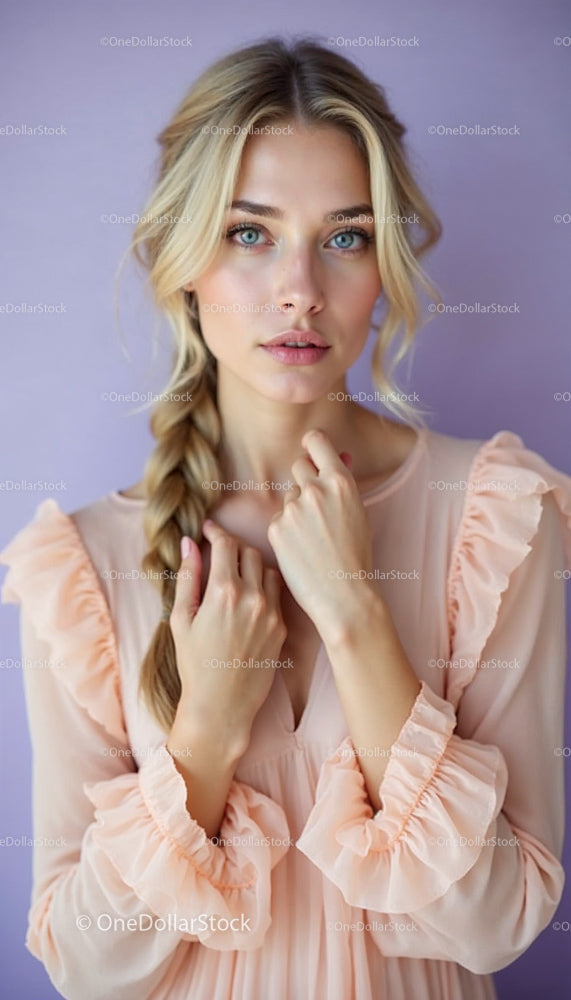 Blonde Woman in Pastel Peach Dress with Braided Hair