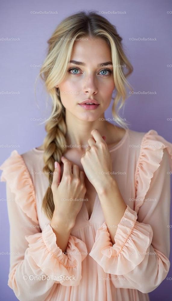 Blonde Woman in Pastel Peach Dress with Braided Hair