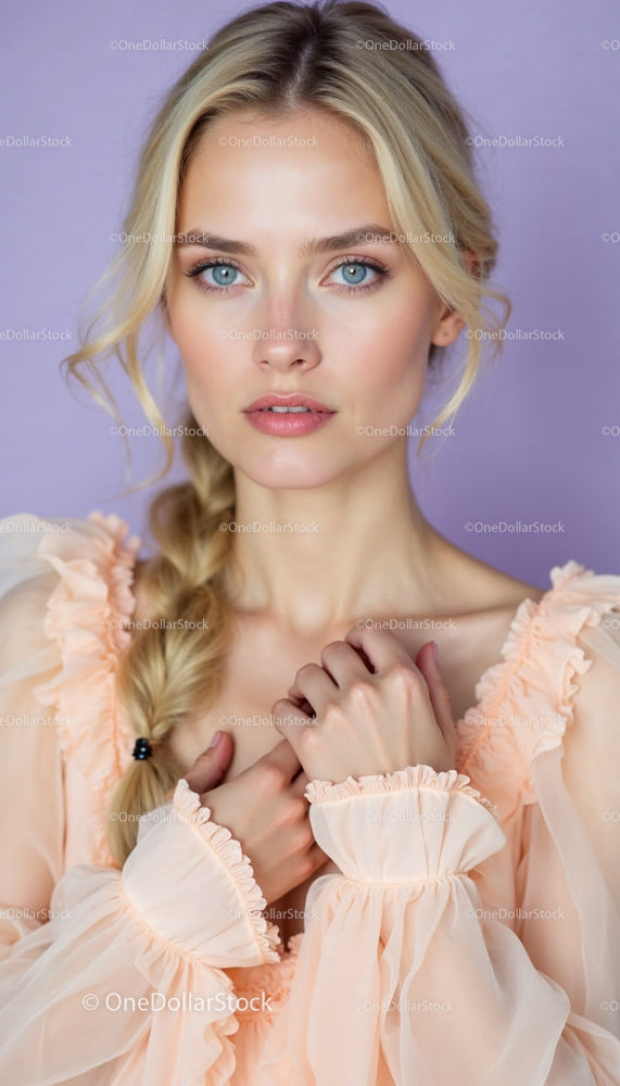 Elegant Blonde Woman in Peach Blouse with Braided Hair
