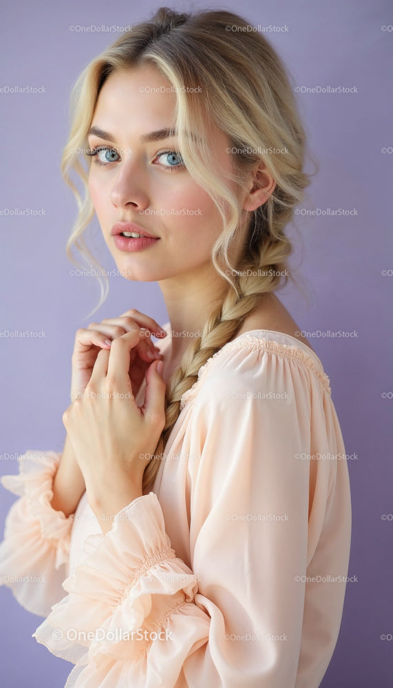 Elegancka blondynka z zaplecionymi włosami w pastelowej modzie