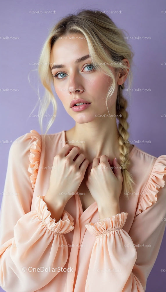 Blonde Woman with Braided Hair in Pastel Blouse