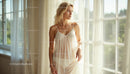 Woman in Sheer Dress Standing by Sunlit Window
