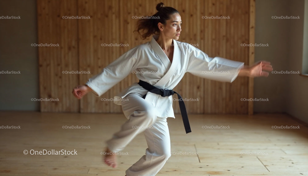 Female Martial Artist Performing Karate in Dojo