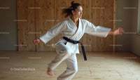 Female Martial Artist Performing Karate in Dojo