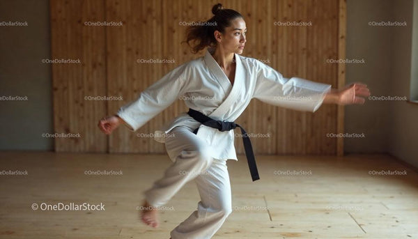 Female Martial Artist Performing Karate in Dojo