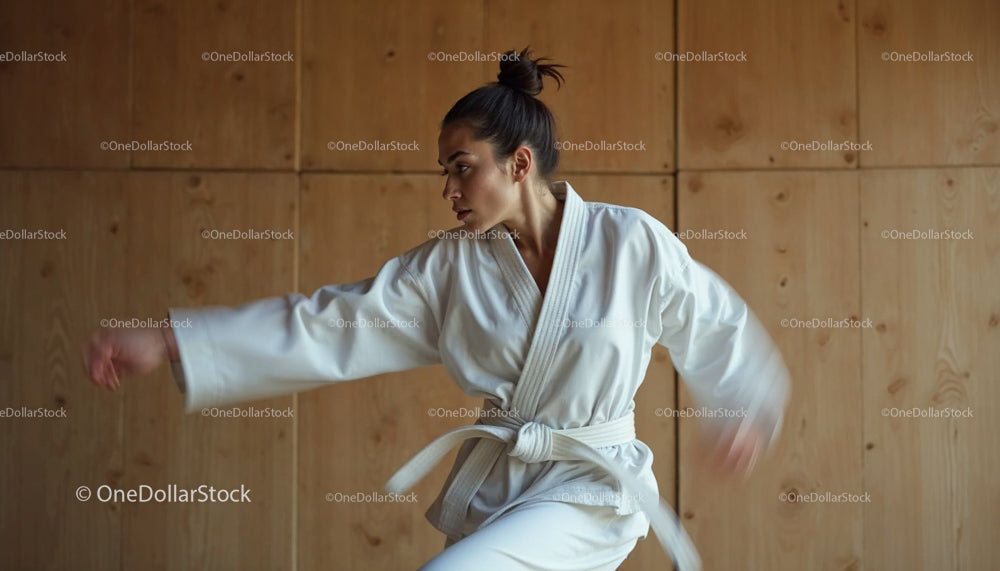 Focused Woman Practicing Karate in Traditional Dojo Setting