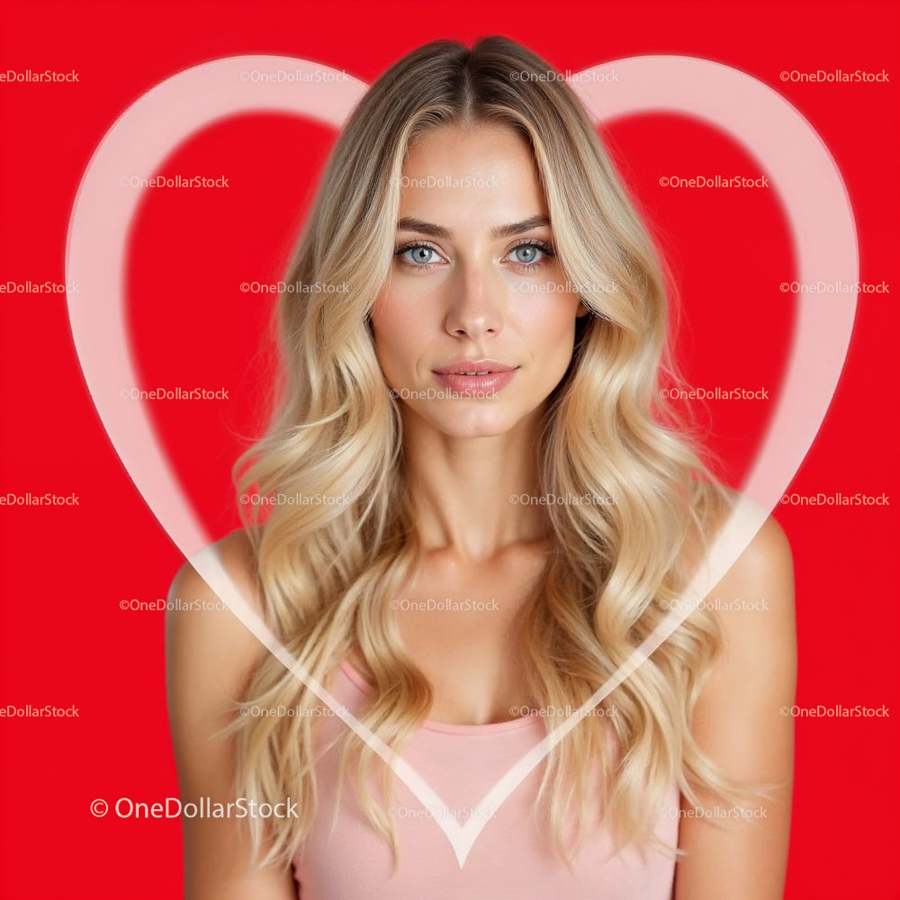 Blonde Woman with Heart Shape on Red Background