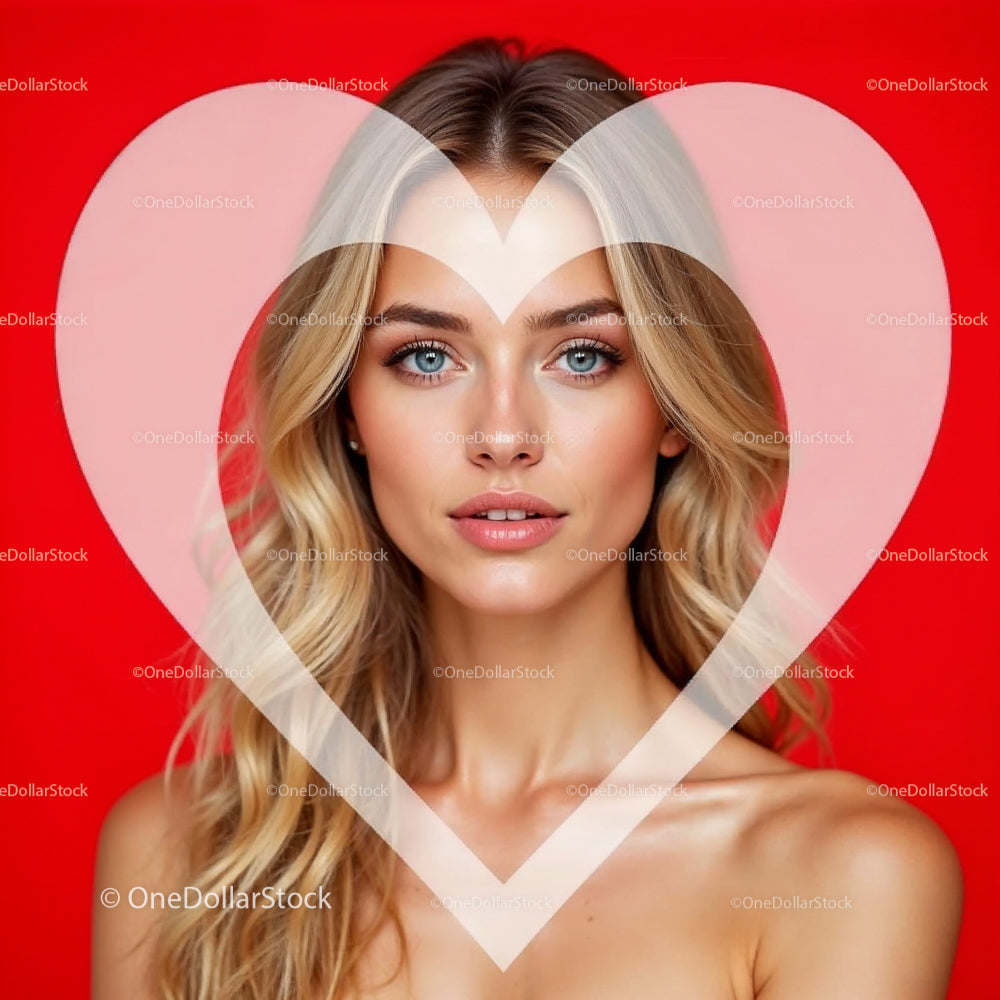 Blonde Woman Framed by Heart on Vibrant Red Background