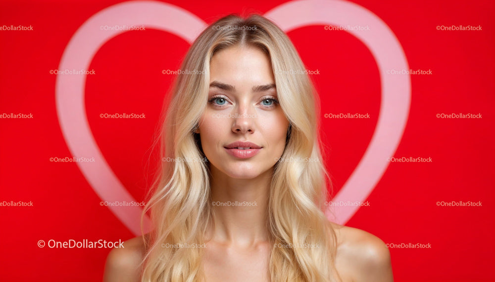 Elegant Blonde Woman With Heart-Shaped Red Background
