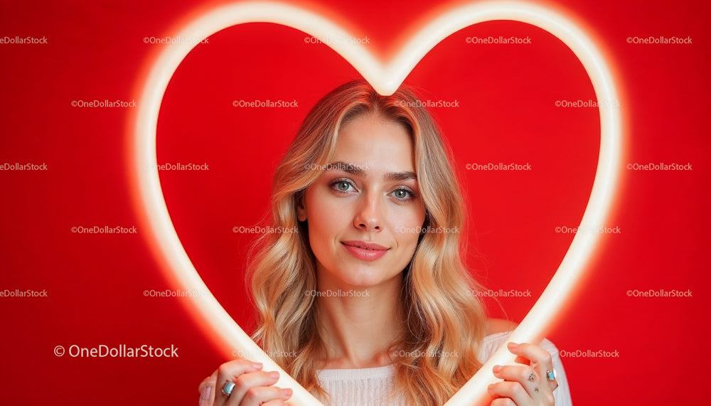Woman Holding Neon Heart Against Red Background