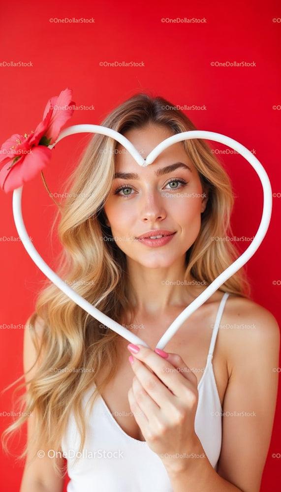Blonde Woman Framed in Heart with Floral Accent
