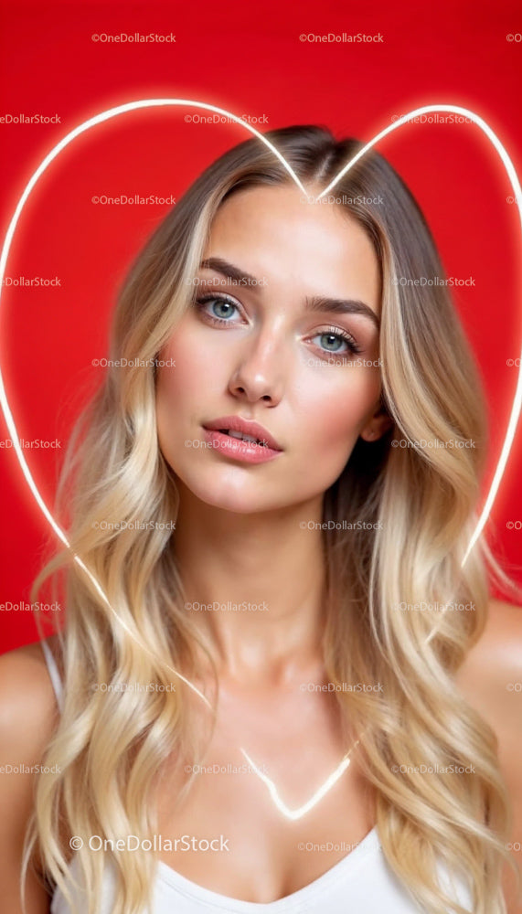 Elegant Blonde Woman with Neon Heart