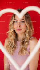 Blonde Woman Framed by Heart Shape on Red Background