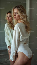 Elegant Woman in White Lingerie Reflecting in Mirror