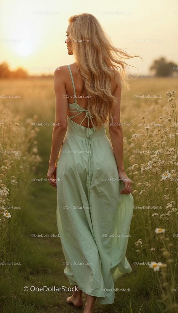 Woman in Summer Dress Walking Through Wildflower Field at Sunset