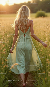 Woman in Green Dress Strolling Through Summer Meadow