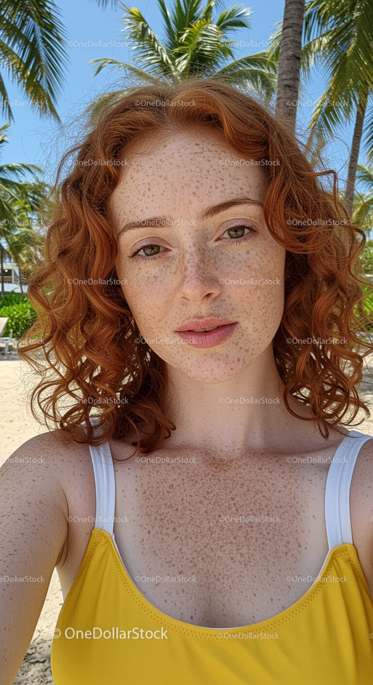 Freckled Woman with Red Hair in Yellow Swimsuit at Beach