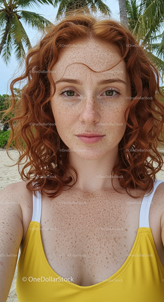 Redhead Woman in Yellow Swimsuit on Tropical Beach