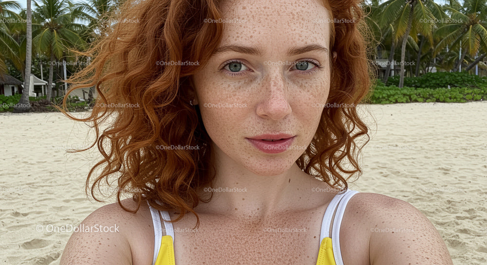 Freckled Redhead Enjoying Tropical Beach Sunny Day
