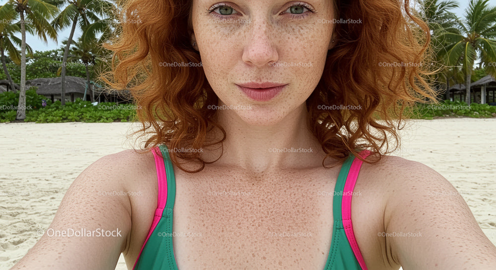 Redhead Woman Taking Selfie on Tropical Beach