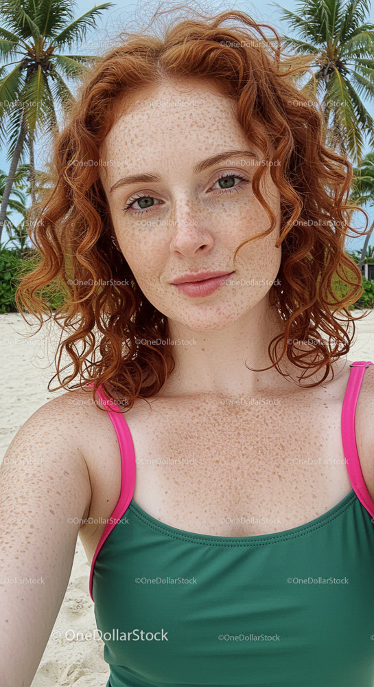 Redhead Woman on Tropical Beach with Palm Trees