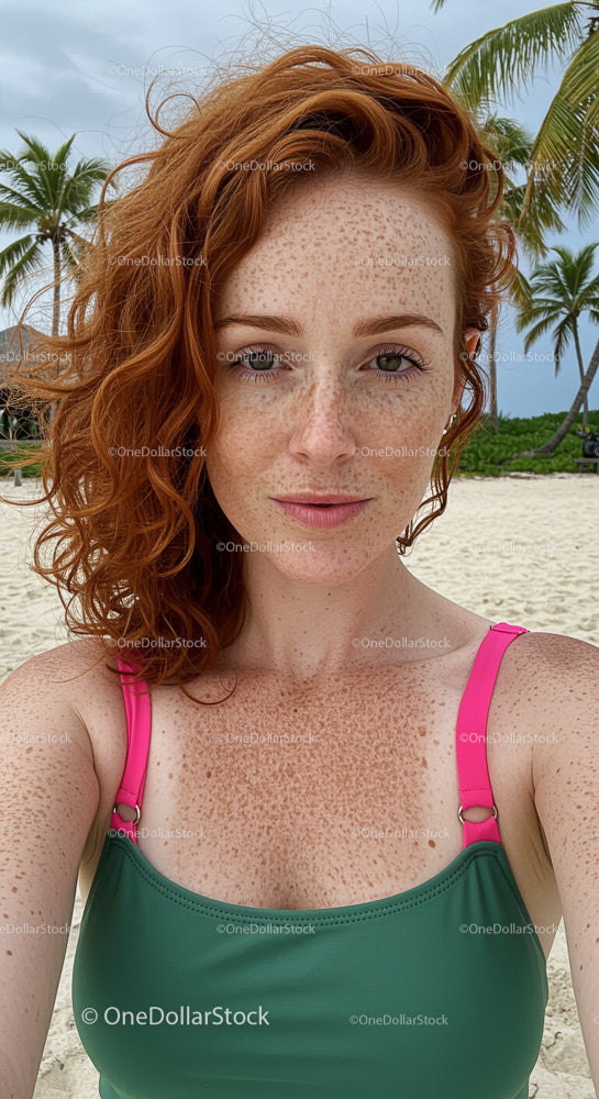 Freckled Woman with Red Hair on Tropical Beach Getaway