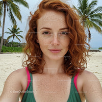 Portrait of Woman with Red Hair and Freckles on Tropical Beach