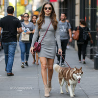 Fashionable Woman Walking Husky Dog on City Street