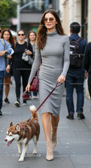 Stylish Woman Walking Husky Dog in Urban Setting
