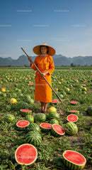 Farmer in Traditional Attire Harvesting Watermelons