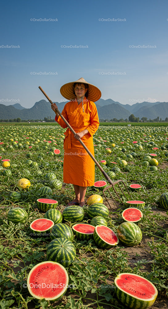 Farmer in Traditional Attire Harvesting Watermelons