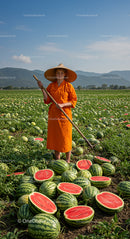 Farmer in Orange Attire Harvesting Watermelons in Sunlit Field