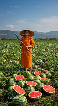 Farmer in Orange Attire Harvesting Watermelons in Sunlit Field