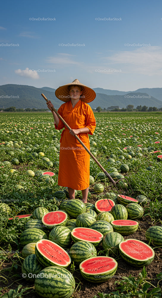 Farmer in Orange Attire Harvesting Watermelons in Sunlit Field