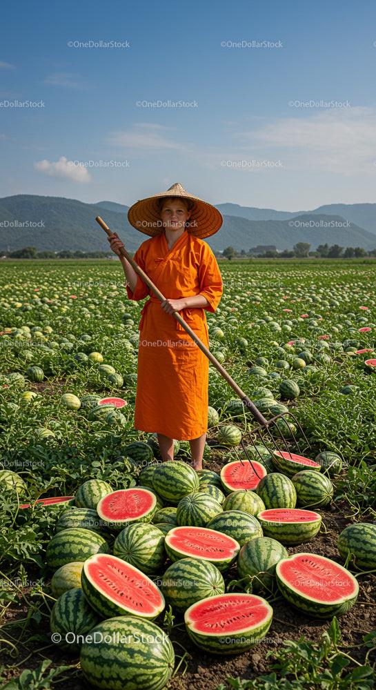 Farmer in Orange Attire Harvesting Watermelons in Sunlit Field