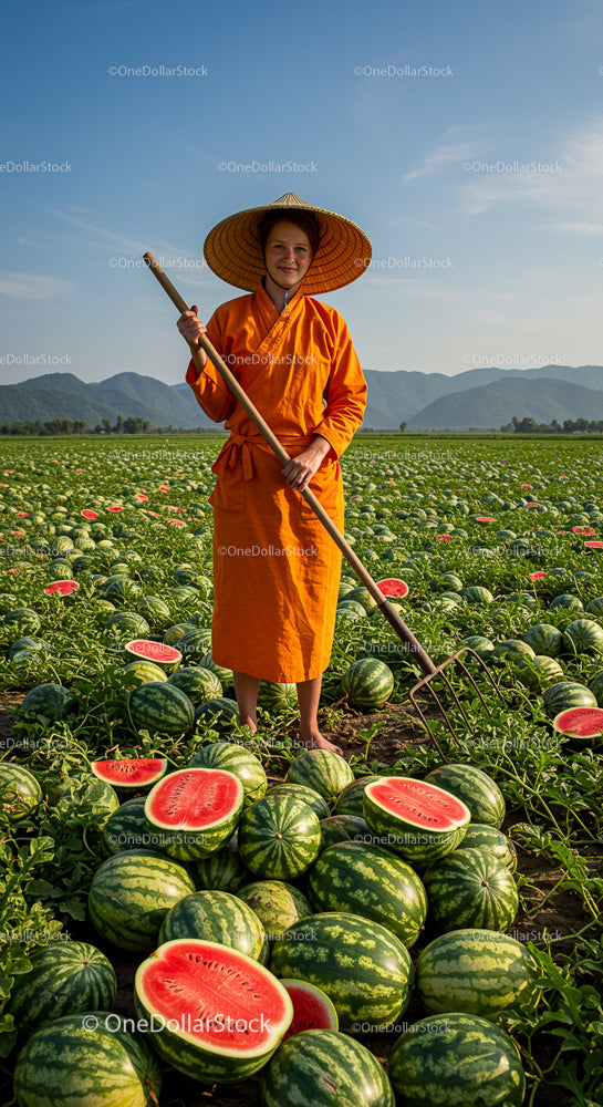 Farmer Woman Harvesting Watermelons in Lush Field