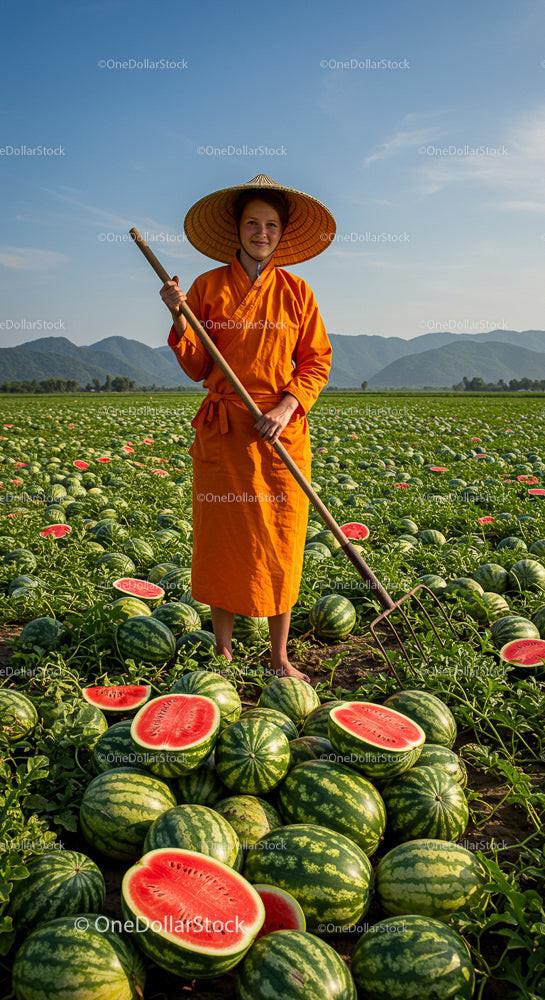 Farmer Woman Harvesting Watermelons in Lush Field