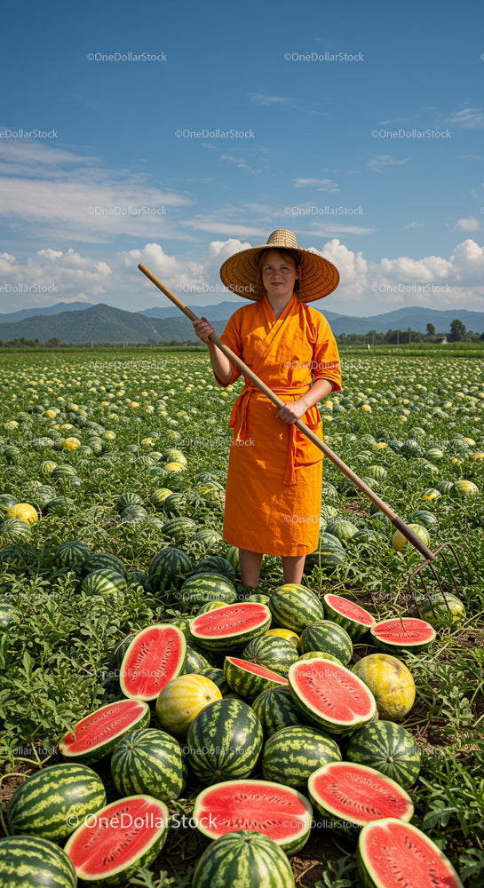 Farmer in Vibrant Watermelon Field on a Sunny Day