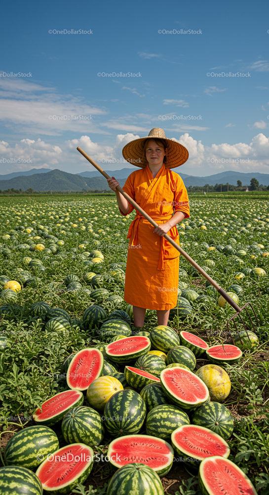Farmer in Vibrant Watermelon Field on a Sunny Day