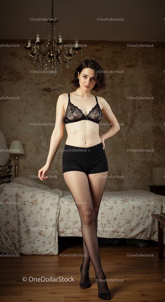 Elegant Woman in Lace Lingerie in Bedroom Setting