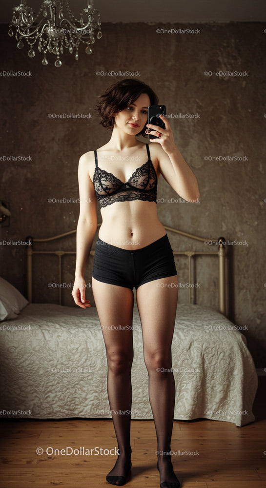 Confident Woman in Black Lingerie Takes Mirror Selfie