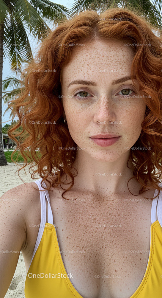 Redhead Woman in Yellow Swimsuit at Tropical Beach